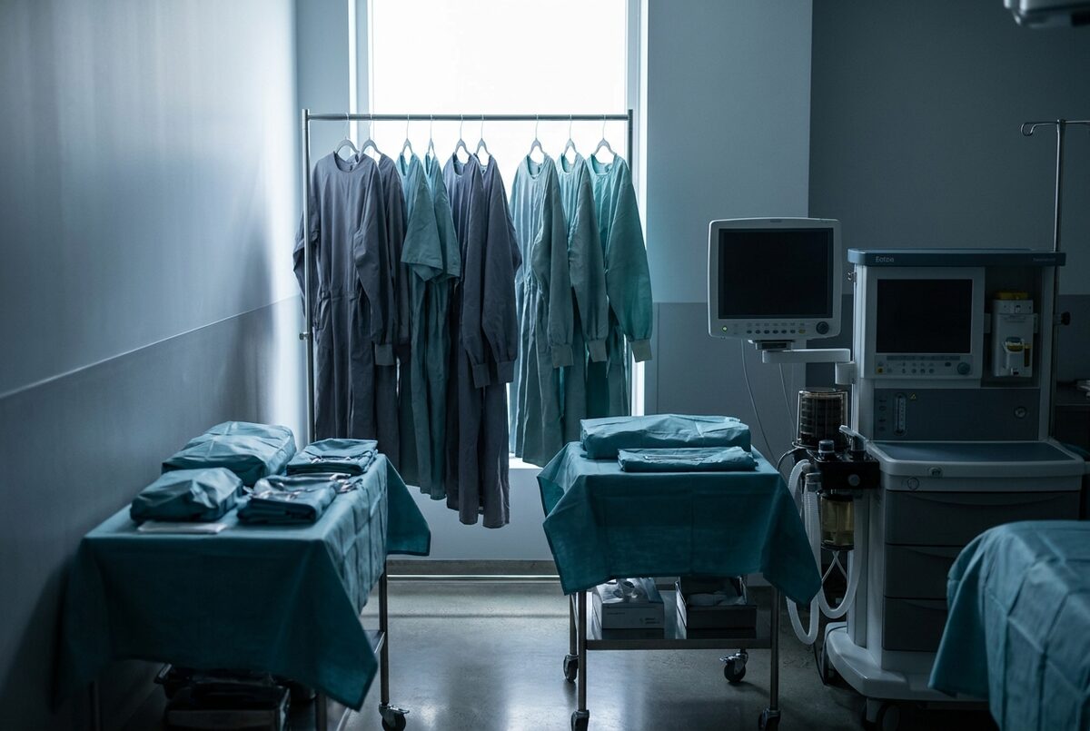 Área de preparación del equipo de endoscopia: batas, charolas estériles y monitor de signos vitales