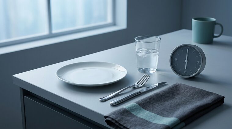 Plato vacío, vaso de agua y reloj: ayuno previo al estudio