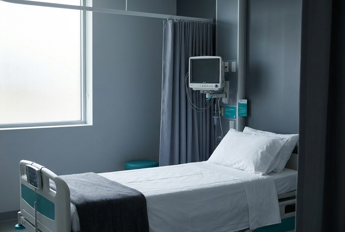 Cubículo de recuperación con cama tendida y monitor en espera