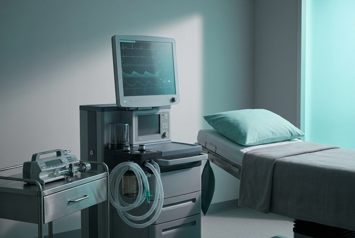 Máquina de anestesia y monitor de signos vitales junto a la mesa de procedimientos