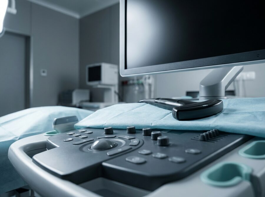 Consola de ultrasonido endoscópico con su transductor